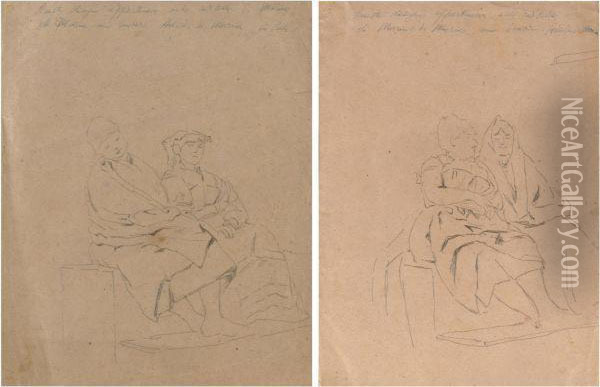 Due Schizzi Raffiguranti Due Coppie Di Popolane Sedute Oil Painting - Mario De Maria