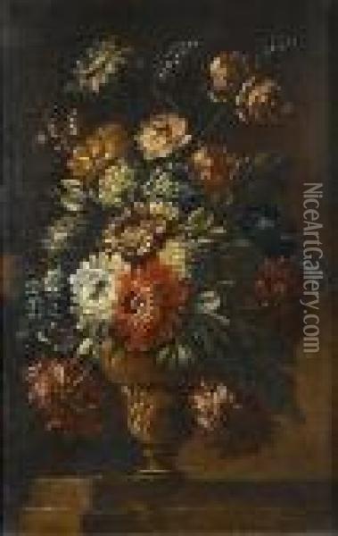 Chrysanthemums, Roses, Snowballs And Other Flowers In A Bronze Vase On A Stone Ledge Oil Painting - Gasparo Lopez
