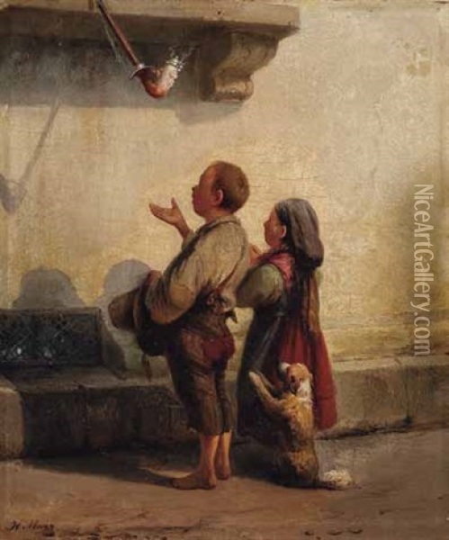 Zwei Bettelkinder Und Ein Kleiner Hund Vor Einem Fenster Oil Painting - Joseph Heinrich Ludwig Marr