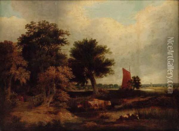 Cattle Watering In A Wooded Landscape, With A Wherry Nearnorwich Oil Painting - James Stark
