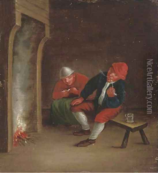 Boors smoking pipes by a fire in an interior Oil Painting - Adriaen Jansz. Van Ostade