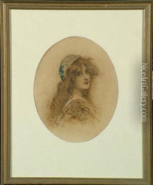 A Bust Portrait Of A Young Woman With Long Red Hair Wearing A Blue Cap Oil Painting - Albert Ludovici