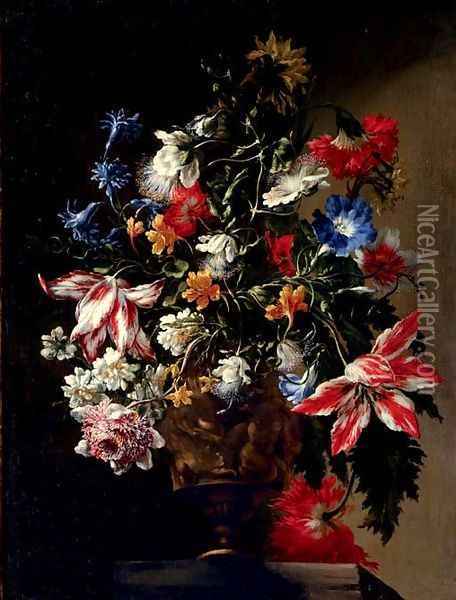 Tulips, roses, daffodils, a carnation, a poppy, anemone, jasmine, morning glory and other flowers in a sculpted urn, on a stone ledge Oil Painting - dei Fiori (Nuzzi) Mario
