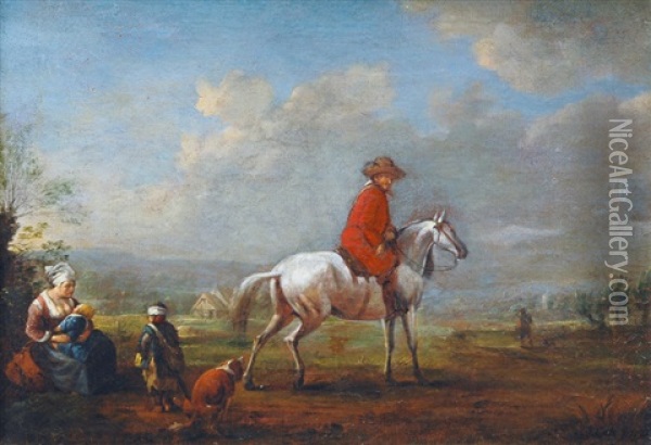 Rider On A Grey Horse With Young Woman And Children Oil Painting - Jacob Cats