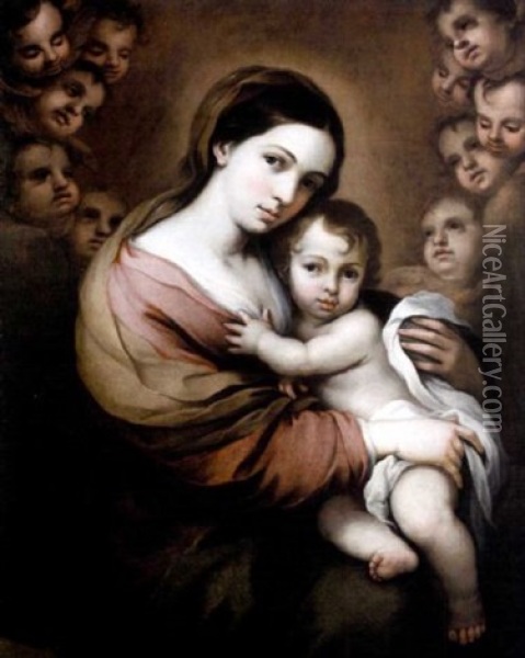 The Madonna And Child Surrounded By Angels Oil Painting - Bartolome Esteban Murillo
