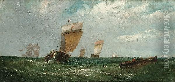 French Smacks Off The Coast; And Off The Coast At Yarmouth Oil Painting - William Calcott Knell