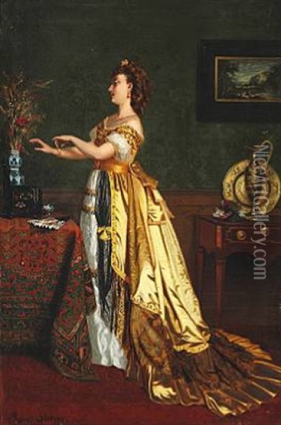 Interior With An Elegant Young Woman In A Yellow Evening Gown Oil Painting - Agapit Stevens