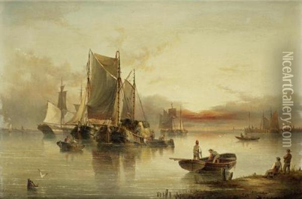 Shipping Becalmed In An Estuary At Dusk Oil Painting - Henry Redmore