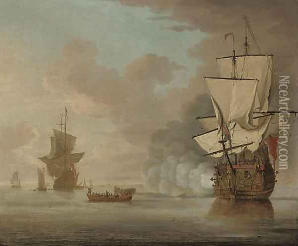 An English man-o'war saluting the flagship as she gets underway from her anchorage Oil Painting - Samuel Scott