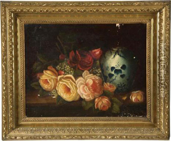 Pink And Red Roses And A Blue And White Vase Oil Painting - Ignace Henri Jean Fantin-Latour