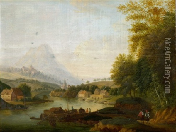 Stadtchen Am Rhein Oil Painting - Johann Georg Schuez