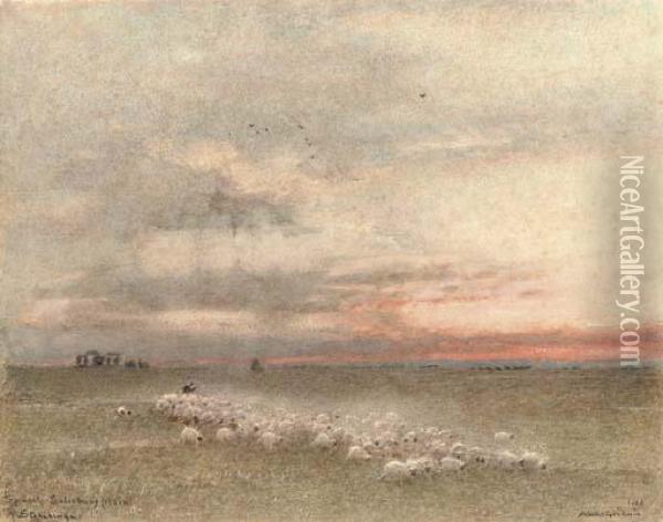 Sunset, Salisbury Plain, Stonehenge Oil Painting - Albert Goodwin