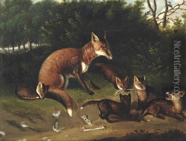 A Vixen And Her Cubs Oil Painting - Samuel Raven