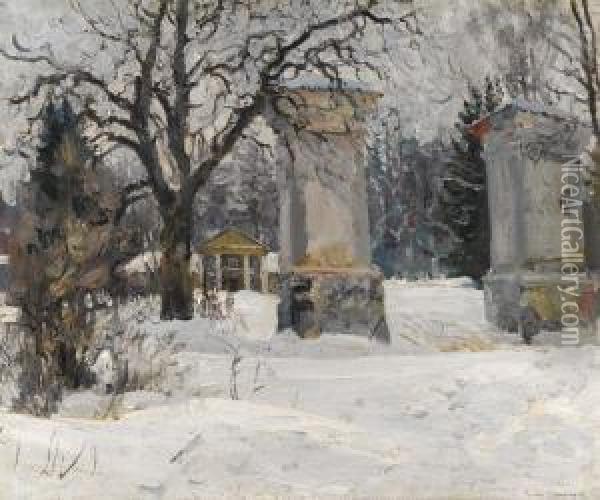 Entrance To An Estate In Winter Oil Painting - Sergey Arsenievich Vinogradov