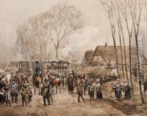 Arrival Of The Train Oil Painting - Augustinus Jacob B. Wouters