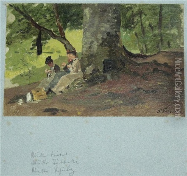 Drei Damen Bei Der Nadelarbeit Im Wald Oil Painting - Paul Wilhelm Tuebbecke