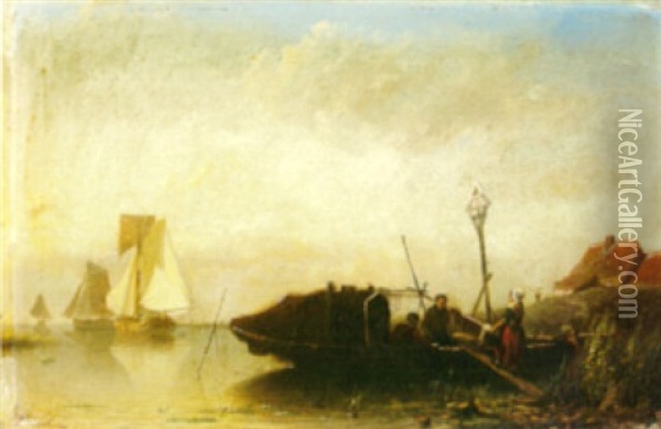 A View Of A Bay With Fishing Smacks At Anchor And Figures In A Dinghy In The Foreground Oil Painting - Johan Adolph Rust