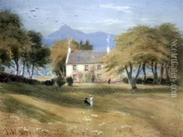 Figures Beside A House, Mountains Beyond Oil Painting - Joseph Carey Carey