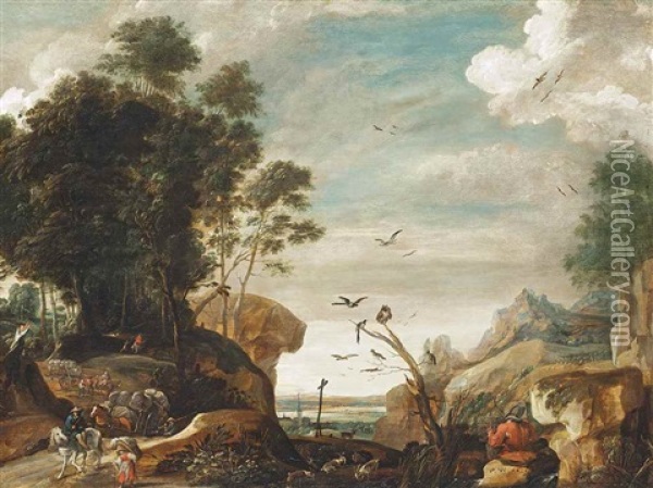 A Wooded Landscape With Travellers On A Path, A Man Catching Birds, A Town Beyond Oil Painting - Pauwels van Hillegaert