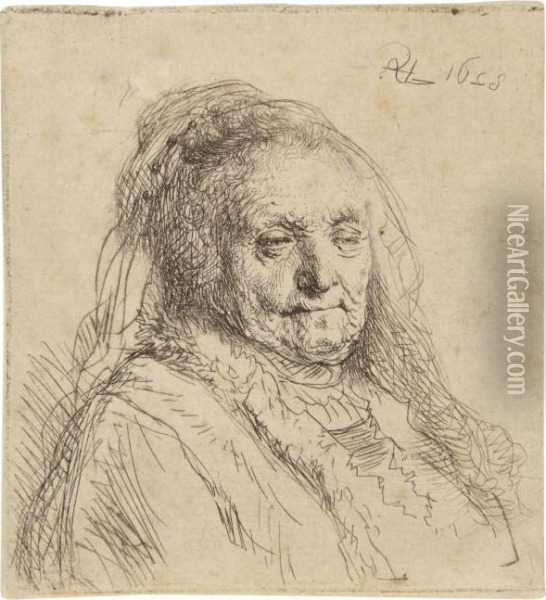 The Artist's Mother, Head And Bust: Three Quarters Right Oil Painting - Rembrandt Van Rijn