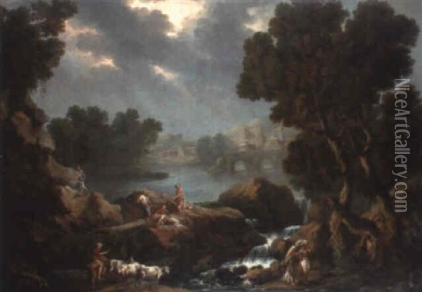 A Rocky River Landscape With Washerwomen By A Waterfall Oil Painting - Andrea Locatelli