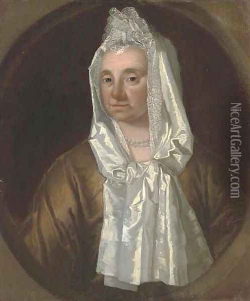 Portrait of a lady, bust-length, in a lace bonnet, in a painted oval Oil Painting - English School