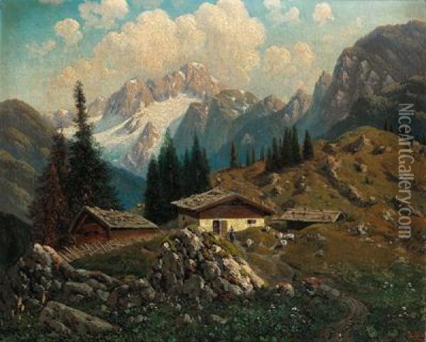 Il Dachstein Visto Dalla Zwieselalpe Oil Painting - Josef Von Schlogl