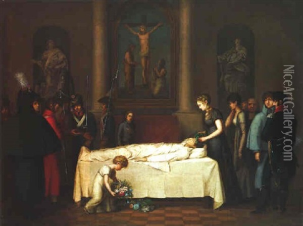 The Corpse Of Prince Louis Ferdinand Of Prussia Laid Out In The Johanniskirche, Saalfeld In Thuringia On The 11th October, 1806 Oil Painting - Wilhelm Friedrich Heinrich Herbig