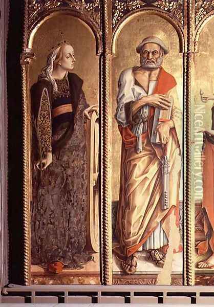 St. Catherine of Alexandria and St. Peter, detail from the Santa Lucia triptych Oil Painting - Carlo Crivelli