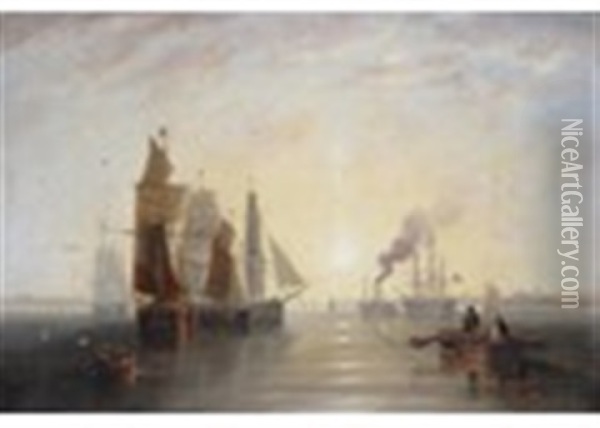 Shipping In A Calm Sea Off The Coast, A Pier Beyond Oil Painting - John Wilson Carmichael