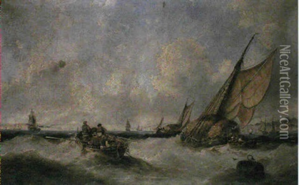 Hay Barges And Merchantmen Entering The Mouth Of The Thames Oil Painting - John Callow