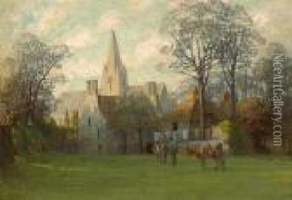 A Figure Leading Cows In For Milking With Buildings And A Church Beyond Oil Painting - Anna Richards Brewster