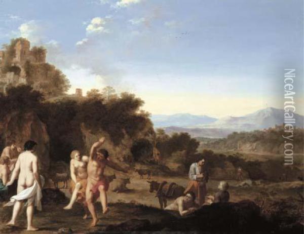 Figures Dancing Before Ruins In A Mediterranean Landscape Oil Painting - Cornelis Van Poelenburch