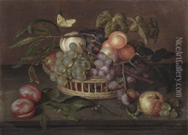 A Wicker Basket With White And Blue Grapes, Peaches, An Apple And Vine Leaves On A Stone Ledge Oil Painting - Johannes Bosschaert
