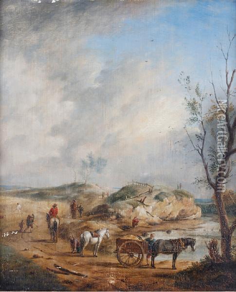 Landscape With Figures, Horses And Carts Oil Painting - Pieter Wouwermans or Wouwerman