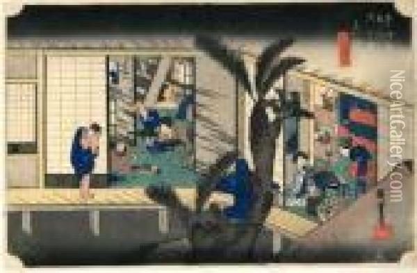 Les 53 Stations Du Tokaido, Akasaka, Ryosha Shofu No Zu Oil Painting - Utagawa or Ando Hiroshige