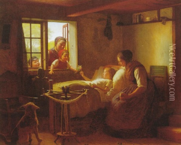 Naboer Pa Besog Hos Den Lille Rekonvalecent Oil Painting - Johann Julius Exner