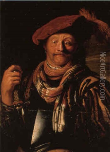 A Soldier Wearing A Plumed Cap And A Gorget, Holding A Sword Oil Painting - Frans van Mieris the Elder