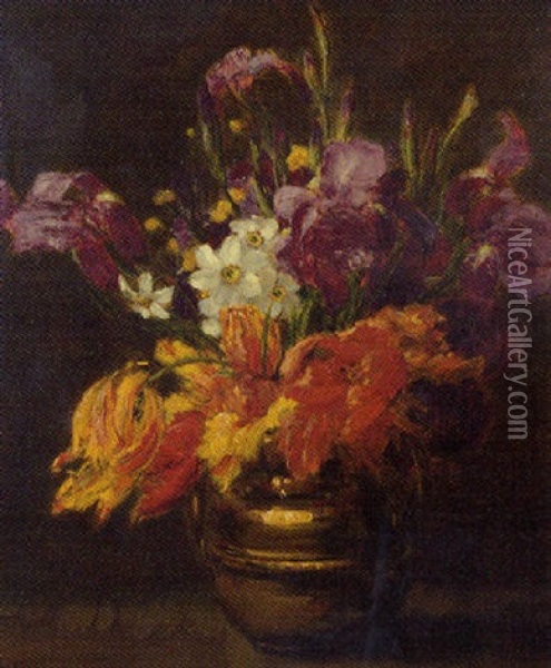 Still Life With Irises, Narcisssus And Tulips Oil Painting - Alexis Kreyder