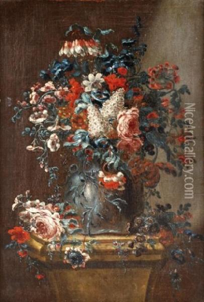 Still Life Studies Of Flowers In Vases On A Ledge Oil Painting - Charles Bigee