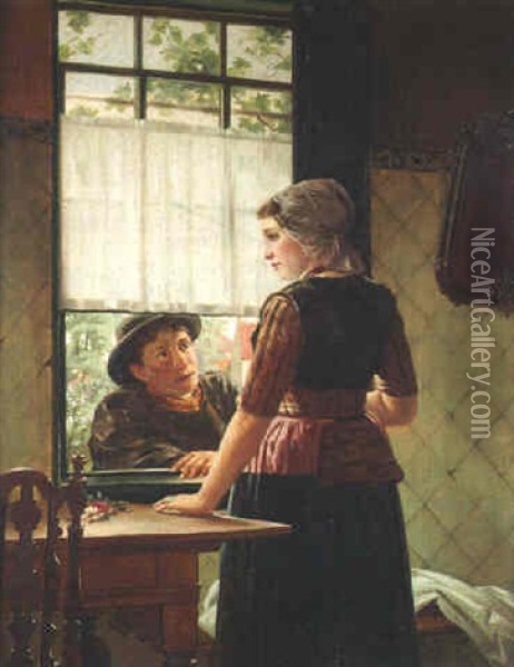 Young Lovers At A Window Oil Painting - Otto Kirberg