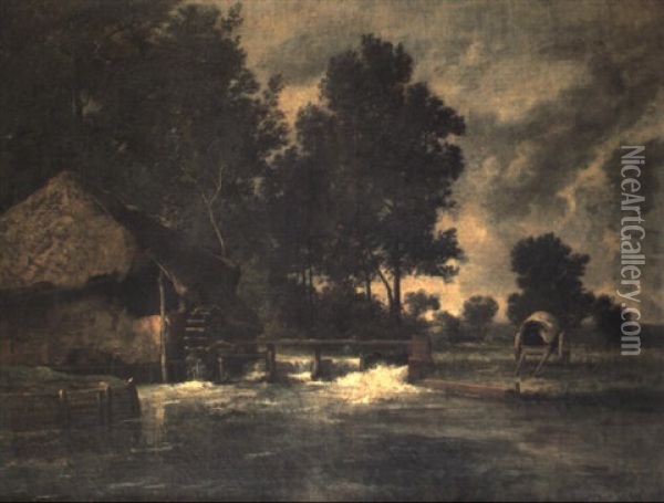 A Cart By A Watermill In A River Landscape Oil Painting - Leon Richet