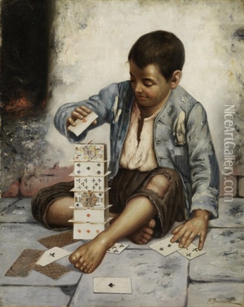 Junge Ein Kartenhaus Aufstellend Oil Painting - Francois Xavier Bricard