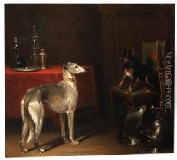 Gun Dogs In A 17th Century Interior Oil Painting - Conradyn Cunaeus