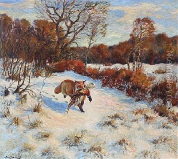 Snow Landscape With A Fox Who Has Caught A Pheasant Oil Painting - William Gislander