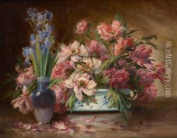 Jardiniere Fleurie Avec Iris En Avant-plan Oil Painting - Edmond Van Coppenolle