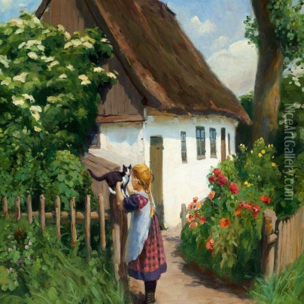 Summer Day In The Village With A Little Girl And A Kitten Oil Painting - H. A. Brendekilde