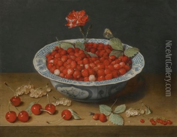 A Still Life With Wild Strawberries And A Carnation In A Ming Dynasty, Wanli Period), Blue And White Kraak-type Barbed-rim Bowl, With Cherries And Redcurrants On A Wooden Ledge Oil Painting - Jacob van Hulsdonck