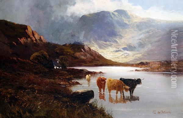Cattle Watering Oil Painting - Alfred de Breanski