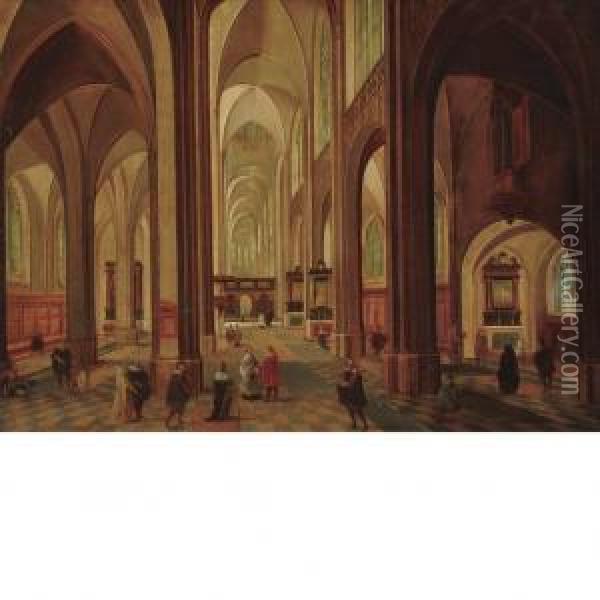 Flemish Church Interior Oil Painting - Pieter Neefs The Elder, Frans The Younger Francken